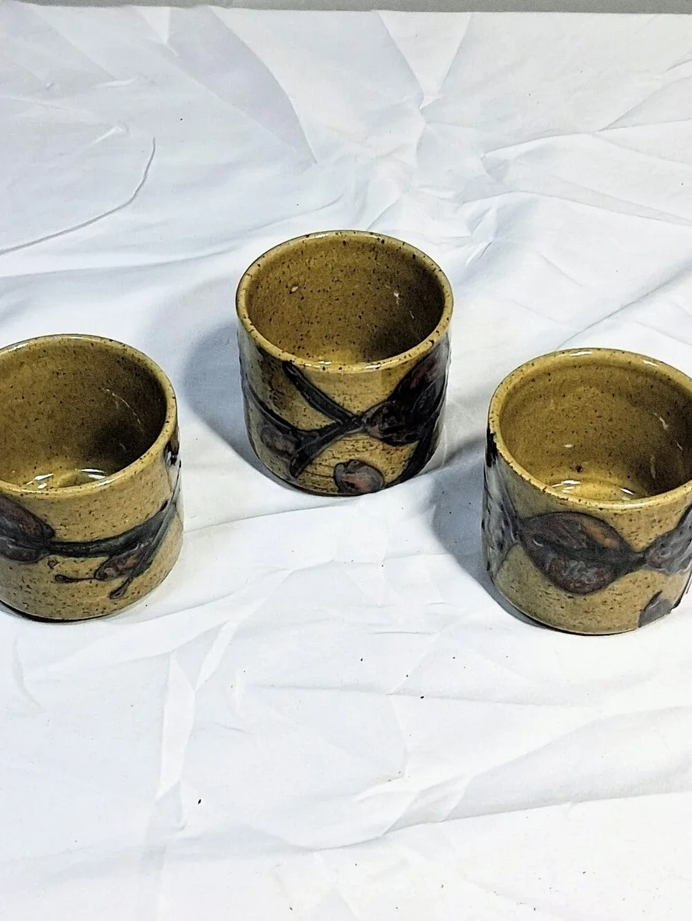 Set Of 3 Japanese Otagiri Sake/Tea/Candle Motives Stoneware Clay Cups 2.5